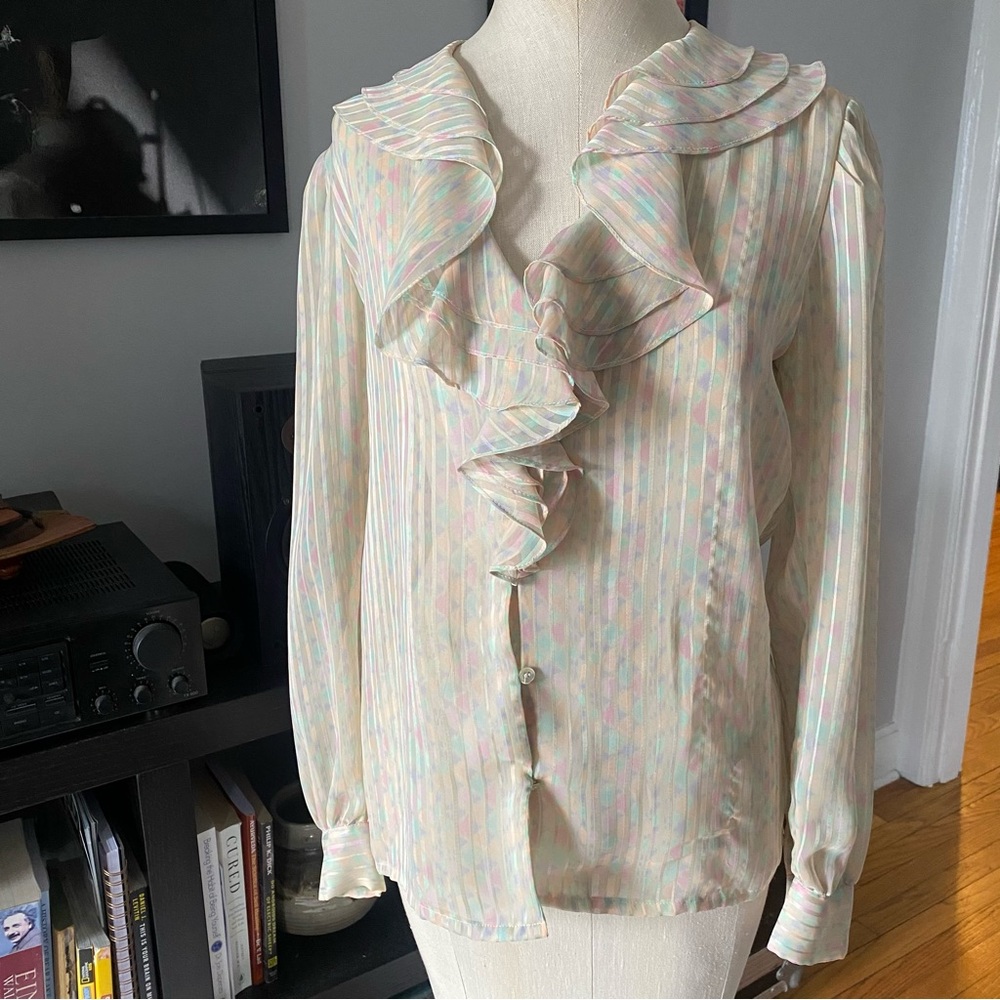 Vintage La Chine Classic semi sheer cascading ruffle pastel long sleeve blouse 6